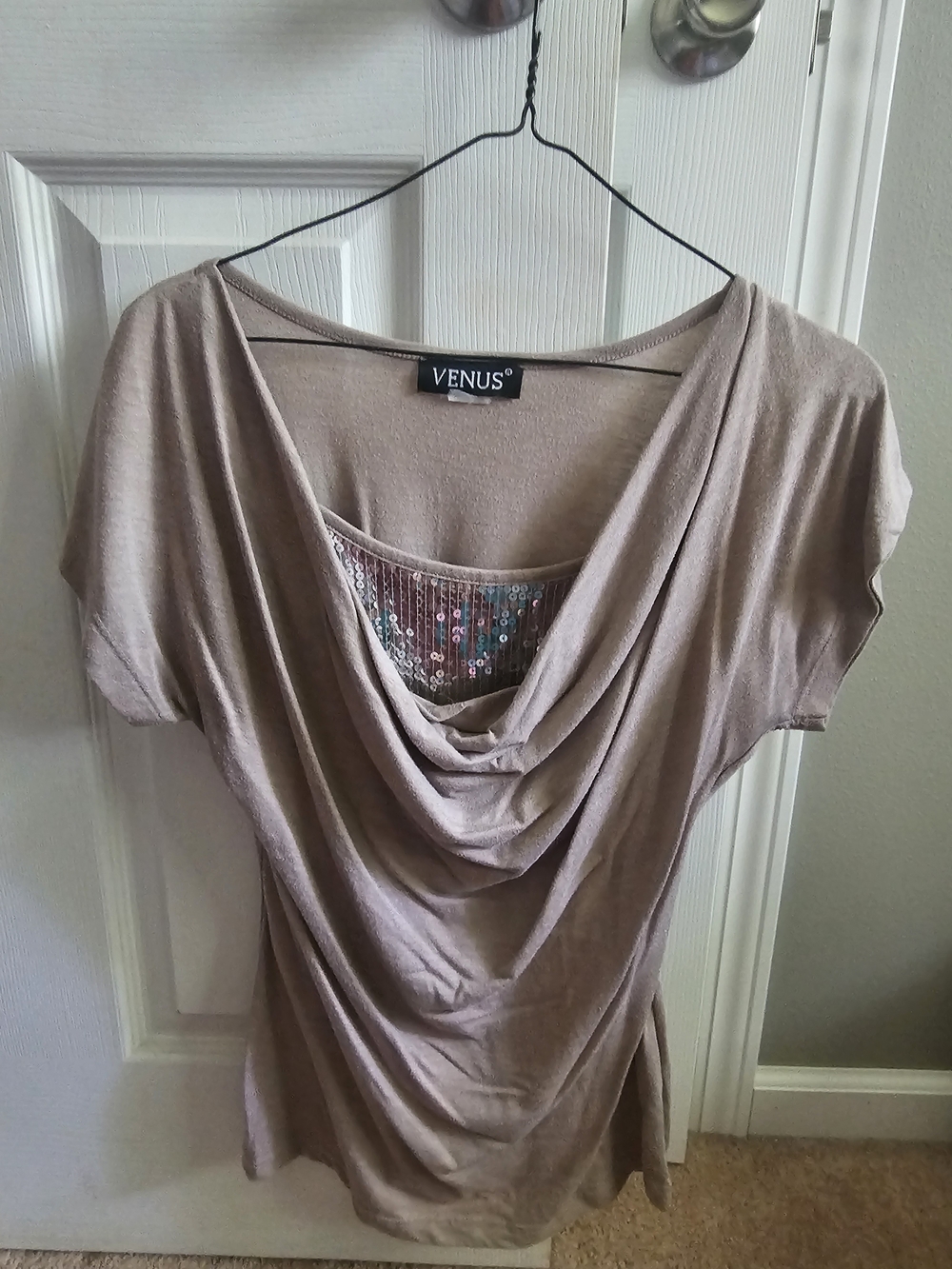 VENUS Taupe Cowl Neck Top with Sequin Inset